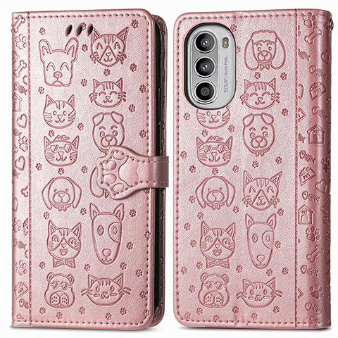 Coque Portefeuille Motif Fantaisie Livre Cuir Etui Clapet S03D pour Motorola Moto G52j 5G Or Rose