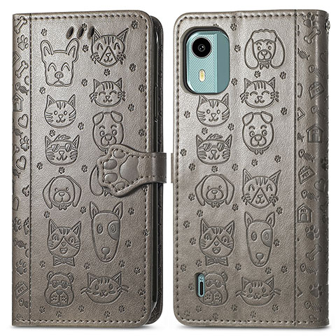 Coque Portefeuille Motif Fantaisie Livre Cuir Etui Clapet S03D pour Nokia C12 Gris