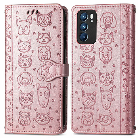 Coque Portefeuille Motif Fantaisie Livre Cuir Etui Clapet S03D pour Oppo Reno6 5G Or Rose