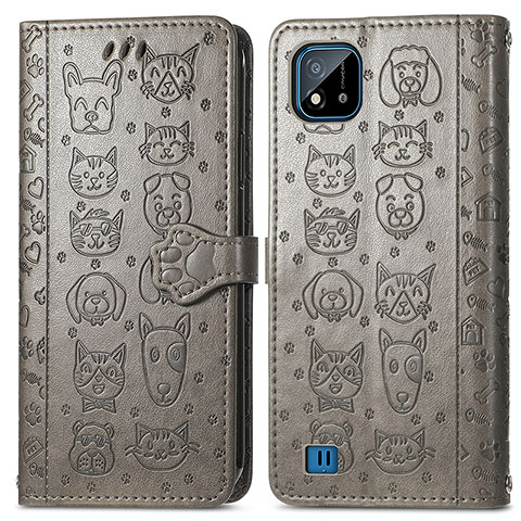 Coque Portefeuille Motif Fantaisie Livre Cuir Etui Clapet S03D pour Realme C20A Gris