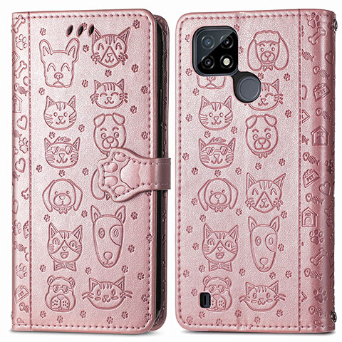 Coque Portefeuille Motif Fantaisie Livre Cuir Etui Clapet S03D pour Realme C21Y Or Rose