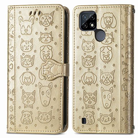 Coque Portefeuille Motif Fantaisie Livre Cuir Etui Clapet S03D pour Realme C25Y Or