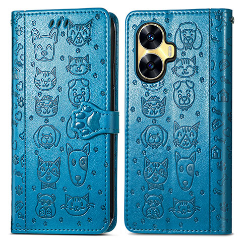 Coque Portefeuille Motif Fantaisie Livre Cuir Etui Clapet S03D pour Realme C55 Bleu