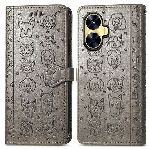 Coque Portefeuille Motif Fantaisie Livre Cuir Etui Clapet S03D pour Realme C55 Gris