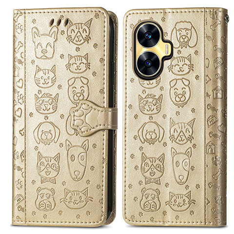 Coque Portefeuille Motif Fantaisie Livre Cuir Etui Clapet S03D pour Realme C55 Or