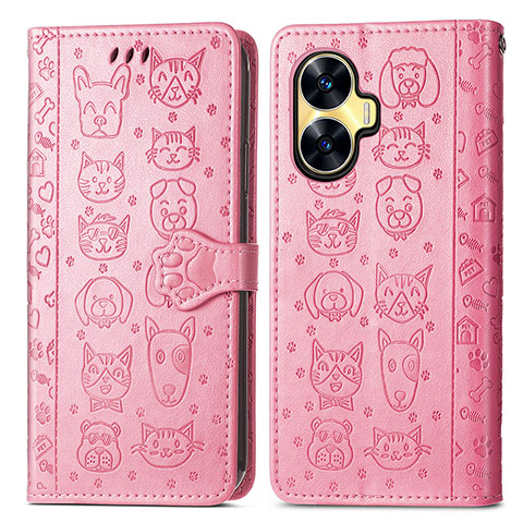 Coque Portefeuille Motif Fantaisie Livre Cuir Etui Clapet S03D pour Realme C55 Rose