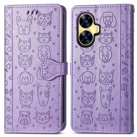 Coque Portefeuille Motif Fantaisie Livre Cuir Etui Clapet S03D pour Realme C55 Violet