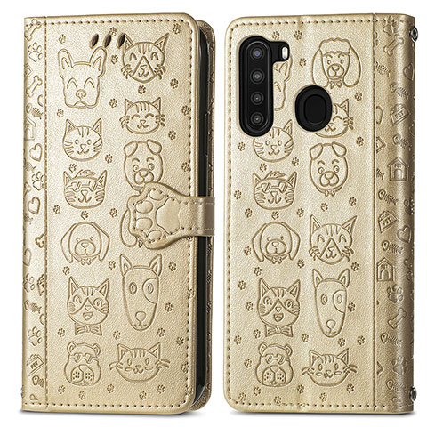 Coque Portefeuille Motif Fantaisie Livre Cuir Etui Clapet S03D pour Samsung Galaxy A21 Or