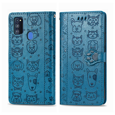 Coque Portefeuille Motif Fantaisie Livre Cuir Etui Clapet S03D pour Samsung Galaxy M21 Bleu