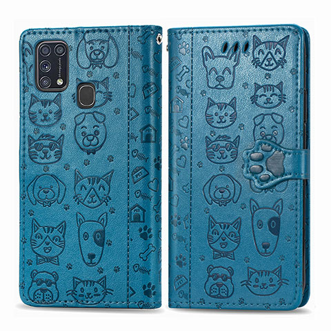 Coque Portefeuille Motif Fantaisie Livre Cuir Etui Clapet S03D pour Samsung Galaxy M21s Bleu