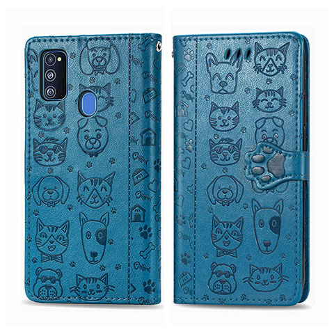 Coque Portefeuille Motif Fantaisie Livre Cuir Etui Clapet S03D pour Samsung Galaxy M30s Bleu