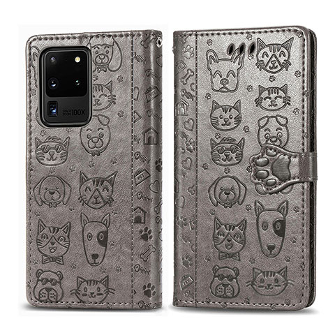 Coque Portefeuille Motif Fantaisie Livre Cuir Etui Clapet S03D pour Samsung Galaxy S20 Ultra 5G Gris