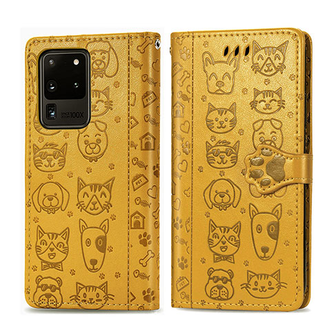 Coque Portefeuille Motif Fantaisie Livre Cuir Etui Clapet S03D pour Samsung Galaxy S20 Ultra 5G Jaune