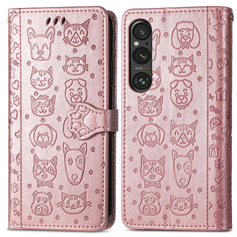 Coque Portefeuille Motif Fantaisie Livre Cuir Etui Clapet S03D pour Sony Xperia 1 V Or Rose