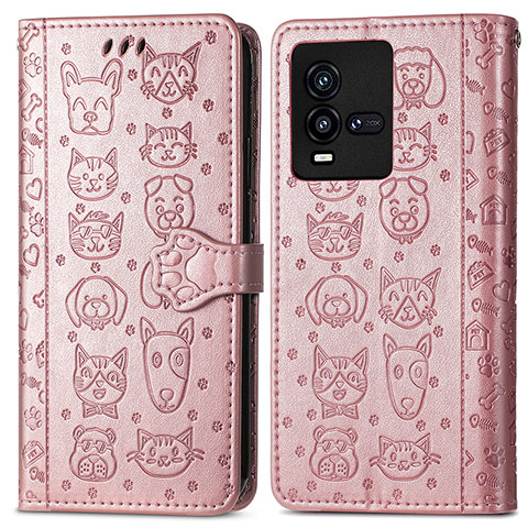 Coque Portefeuille Motif Fantaisie Livre Cuir Etui Clapet S03D pour Vivo iQOO 10 5G Or Rose