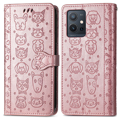 Coque Portefeuille Motif Fantaisie Livre Cuir Etui Clapet S03D pour Vivo iQOO Z6 5G Or Rose