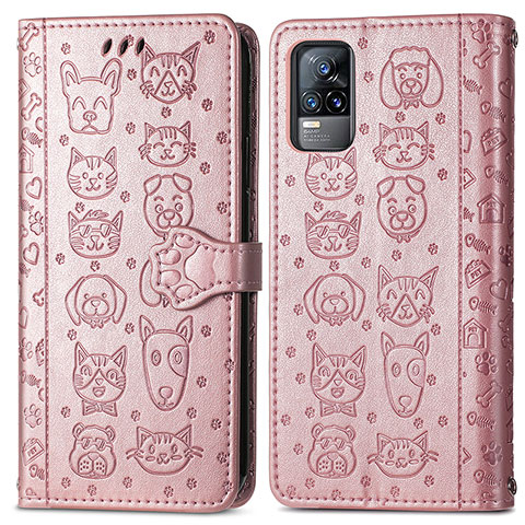 Coque Portefeuille Motif Fantaisie Livre Cuir Etui Clapet S03D pour Vivo V21e 4G Or Rose