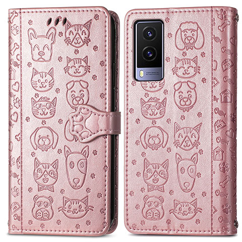 Coque Portefeuille Motif Fantaisie Livre Cuir Etui Clapet S03D pour Vivo V21e 5G Or Rose