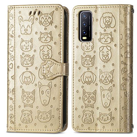 Coque Portefeuille Motif Fantaisie Livre Cuir Etui Clapet S03D pour Vivo Y20s Or