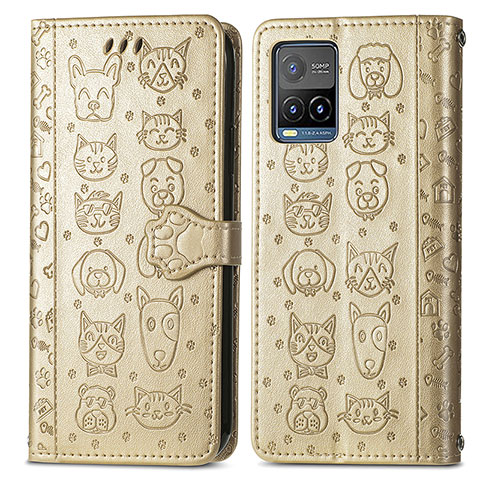 Coque Portefeuille Motif Fantaisie Livre Cuir Etui Clapet S03D pour Vivo Y21a Or