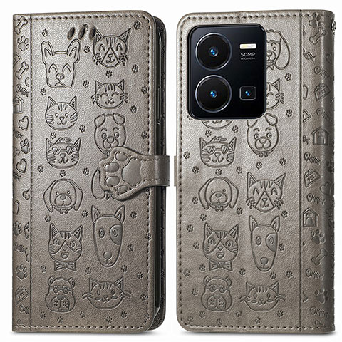 Coque Portefeuille Motif Fantaisie Livre Cuir Etui Clapet S03D pour Vivo Y35 4G Gris