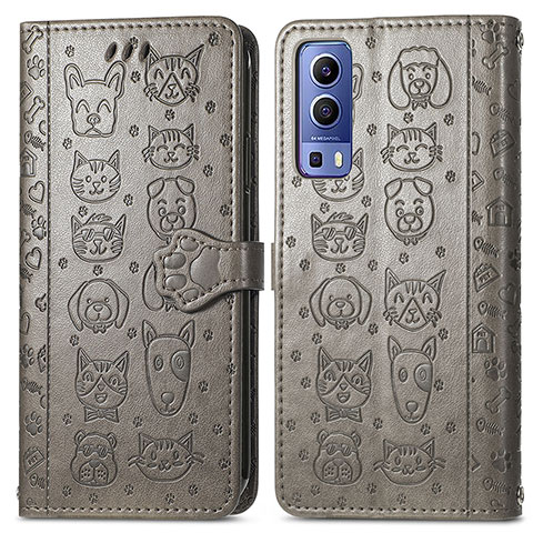 Coque Portefeuille Motif Fantaisie Livre Cuir Etui Clapet S03D pour Vivo Y52 5G Gris