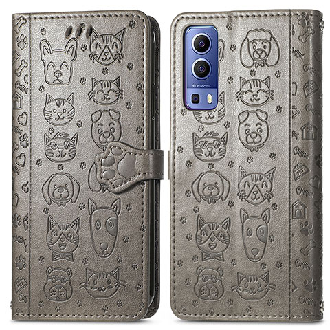 Coque Portefeuille Motif Fantaisie Livre Cuir Etui Clapet S03D pour Vivo Y72 5G Gris