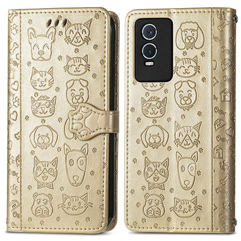 Coque Portefeuille Motif Fantaisie Livre Cuir Etui Clapet S03D pour Vivo Y76s 5G Or