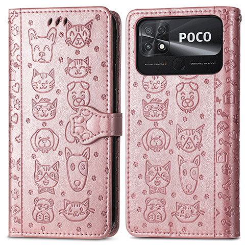 Coque Portefeuille Motif Fantaisie Livre Cuir Etui Clapet S03D pour Xiaomi Poco C40 Or Rose