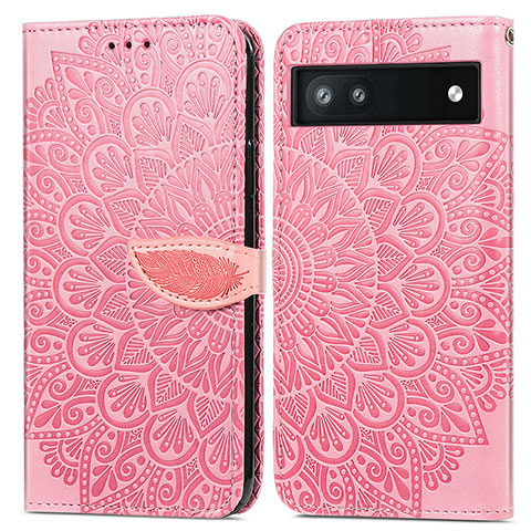 Coque Portefeuille Motif Fantaisie Livre Cuir Etui Clapet S04D pour Google Pixel 6a 5G Or Rose