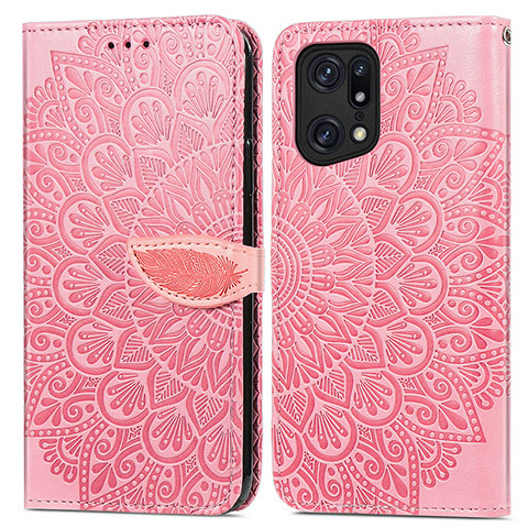 Coque Portefeuille Motif Fantaisie Livre Cuir Etui Clapet S04D pour Oppo Find X5 Pro 5G Or Rose