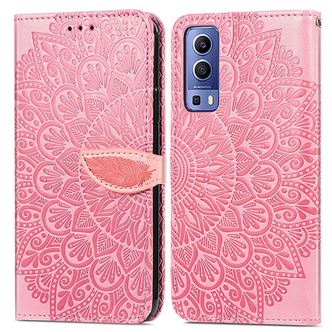 Coque Portefeuille Motif Fantaisie Livre Cuir Etui Clapet S04D pour Vivo Y52 5G Or Rose