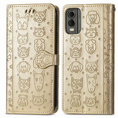 Coque Portefeuille Motif Fantaisie Livre Cuir Etui Clapet S05D pour Nokia C210 Or