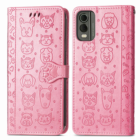 Coque Portefeuille Motif Fantaisie Livre Cuir Etui Clapet S05D pour Nokia C210 Rose