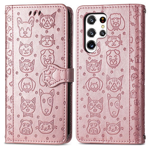 Coque Portefeuille Motif Fantaisie Livre Cuir Etui Clapet S05D pour Samsung Galaxy S22 Ultra 5G Rose