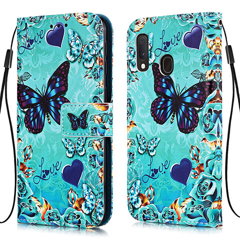 Coque Portefeuille Motif Fantaisie Livre Cuir Etui Clapet Y02B pour Samsung Galaxy A20e Bleu Ciel