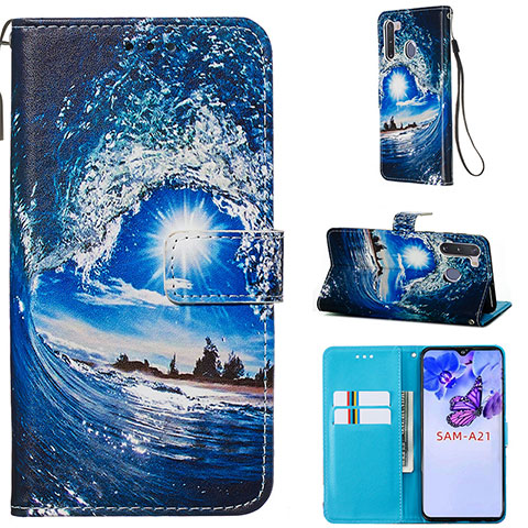 Coque Portefeuille Motif Fantaisie Livre Cuir Etui Clapet Y02B pour Samsung Galaxy A21 European Bleu Royal