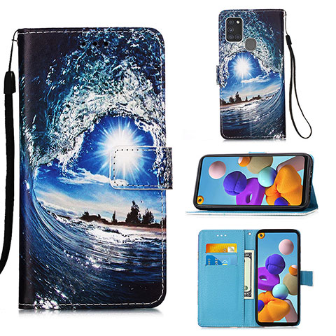 Coque Portefeuille Motif Fantaisie Livre Cuir Etui Clapet Y02B pour Samsung Galaxy A21s Bleu Royal