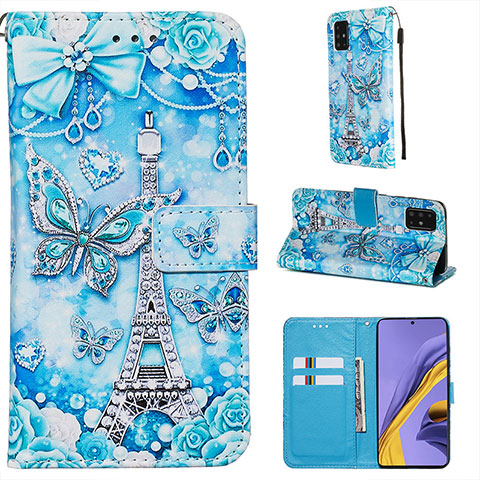 Coque Portefeuille Motif Fantaisie Livre Cuir Etui Clapet Y02B pour Samsung Galaxy A51 4G Bleu Clair