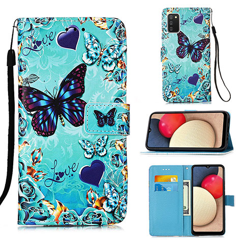 Coque Portefeuille Motif Fantaisie Livre Cuir Etui Clapet Y02B pour Samsung Galaxy F02S SM-E025F Bleu Ciel