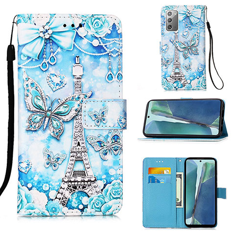 Coque Portefeuille Motif Fantaisie Livre Cuir Etui Clapet Y02B pour Samsung Galaxy Note 20 5G Bleu Clair