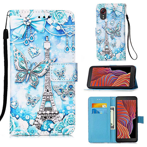 Coque Portefeuille Motif Fantaisie Livre Cuir Etui Clapet Y02B pour Samsung Galaxy XCover 5 SM-G525F Bleu Clair