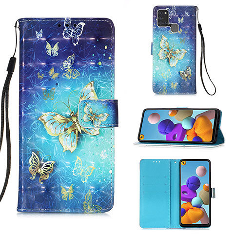 Coque Portefeuille Motif Fantaisie Livre Cuir Etui Clapet Y03B pour Samsung Galaxy A21s Bleu Ciel