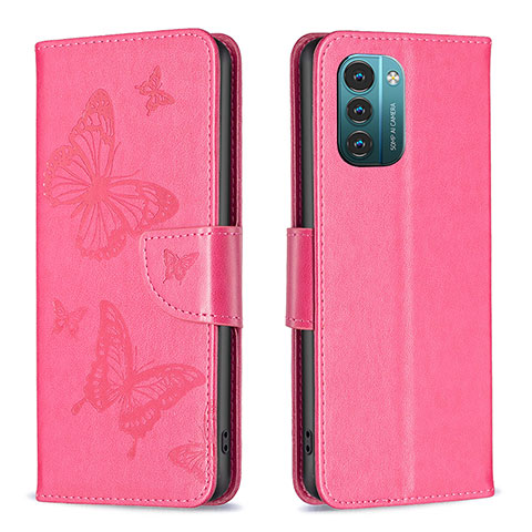 Coque Portefeuille Papillon Livre Cuir Etui Clapet B01F pour Nokia G21 Rose Rouge