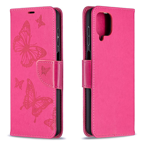 Coque Portefeuille Papillon Livre Cuir Etui Clapet B01F pour Samsung Galaxy A12 Rose Rouge