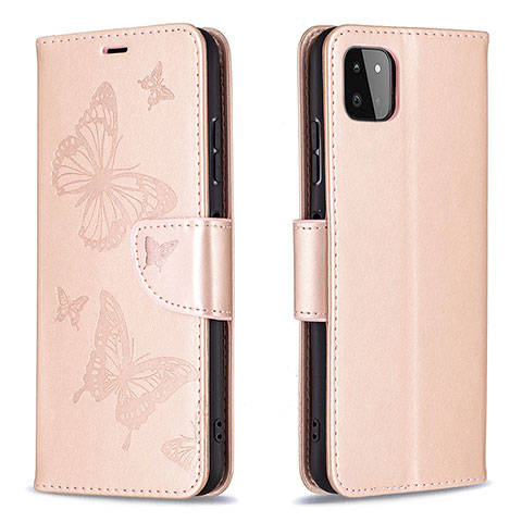 Coque Portefeuille Papillon Livre Cuir Etui Clapet B01F pour Samsung Galaxy F42 5G Or Rose