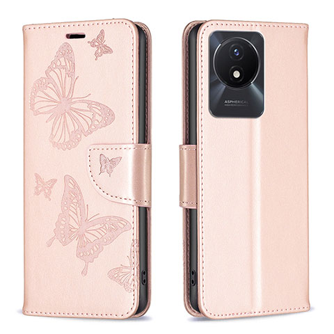 Coque Portefeuille Papillon Livre Cuir Etui Clapet B01F pour Vivo Y02 Or Rose