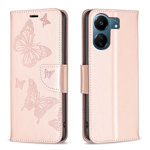 Coque Portefeuille Papillon Livre Cuir Etui Clapet B01F pour Xiaomi Poco C65 Or Rose