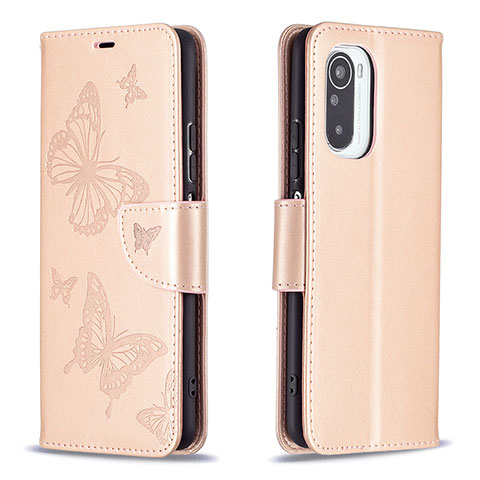 Coque Portefeuille Papillon Livre Cuir Etui Clapet B01F pour Xiaomi Poco F3 5G Or Rose