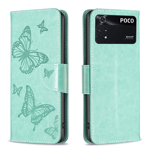 Coque Portefeuille Papillon Livre Cuir Etui Clapet B01F pour Xiaomi Poco M4 Pro 4G Vert